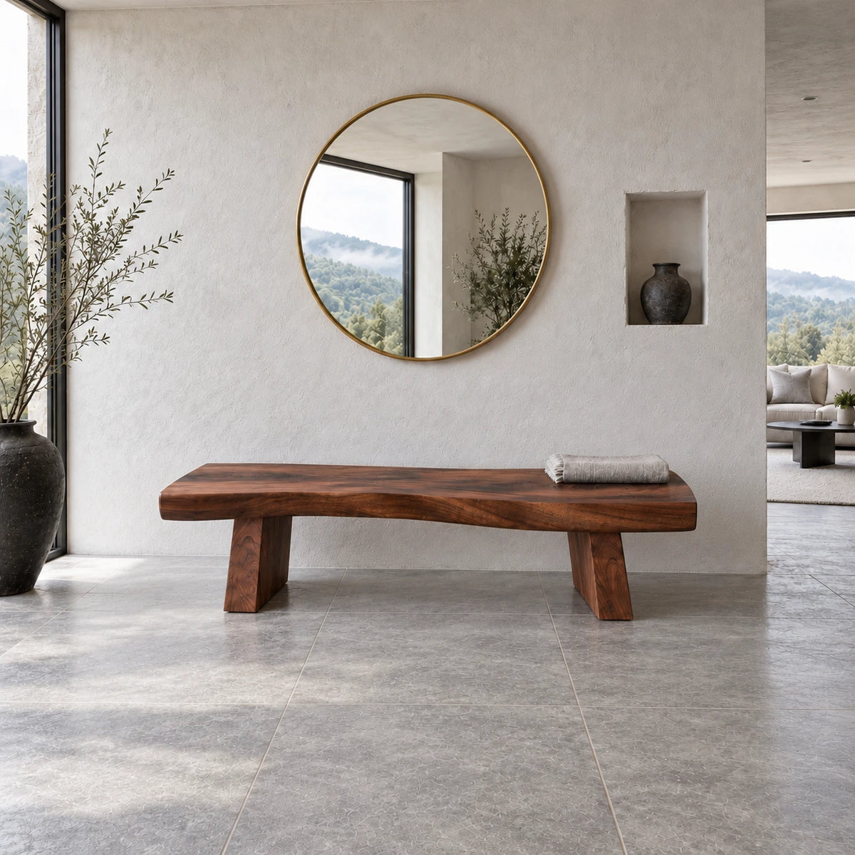 Live Edge Bench with Wavy Single-Slab Seat on Two Chunky Block Legs - Arboriswood - 13