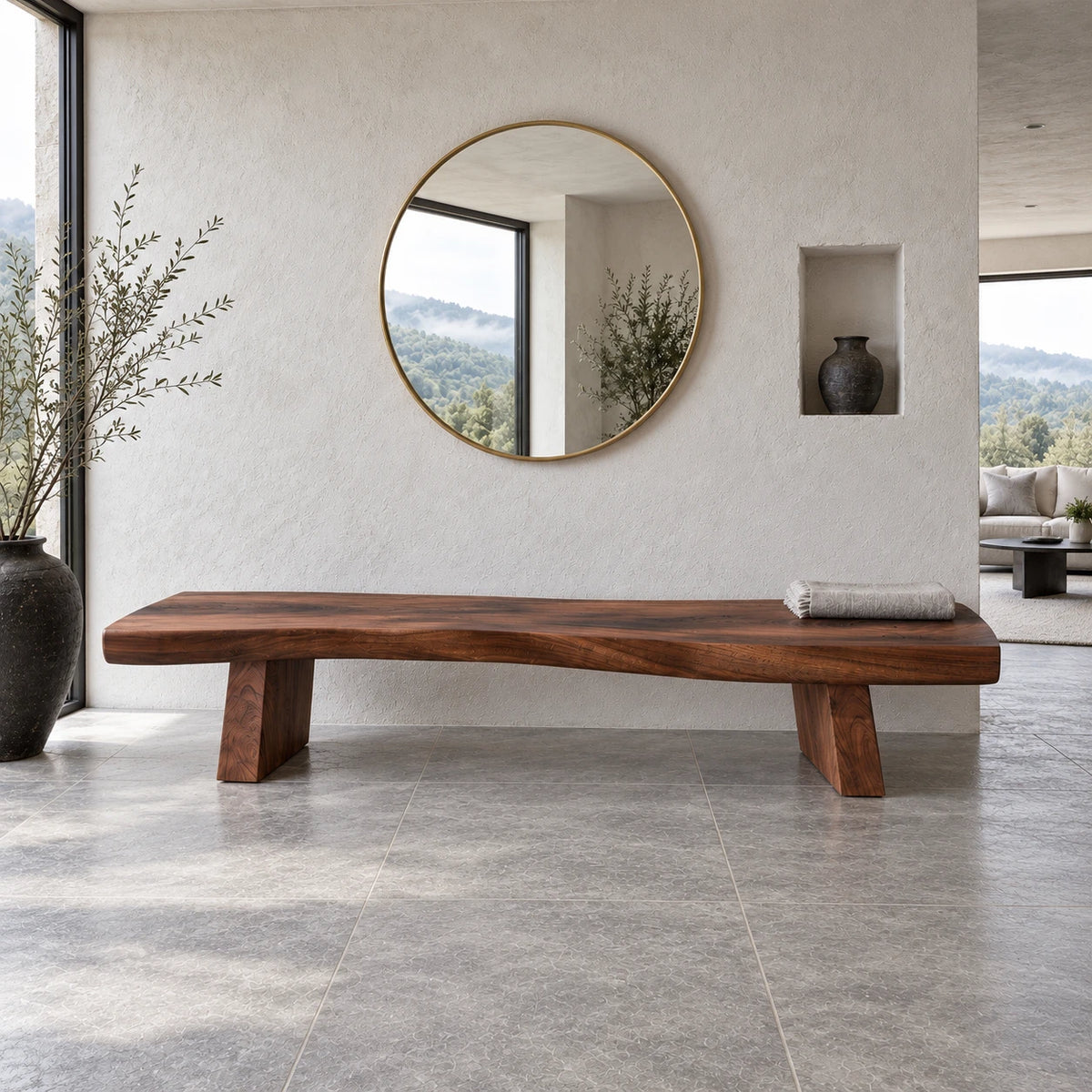 Live Edge Bench with Wavy Single-Slab Seat on Two Chunky Block Legs - Arboriswood - 2