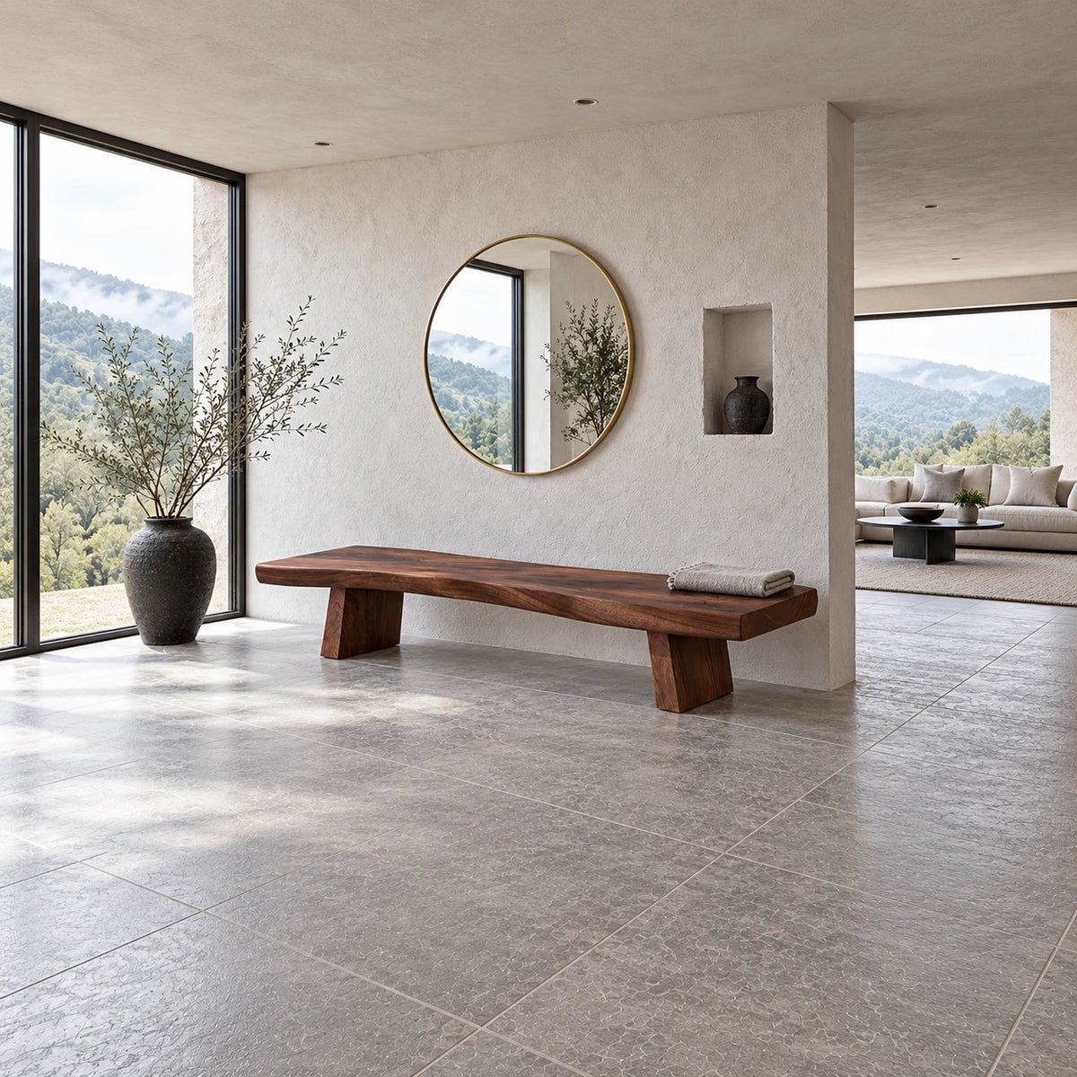 Live Edge Bench with Wavy Single-Slab Seat on Two Chunky Block Legs - Arboriswood - 3