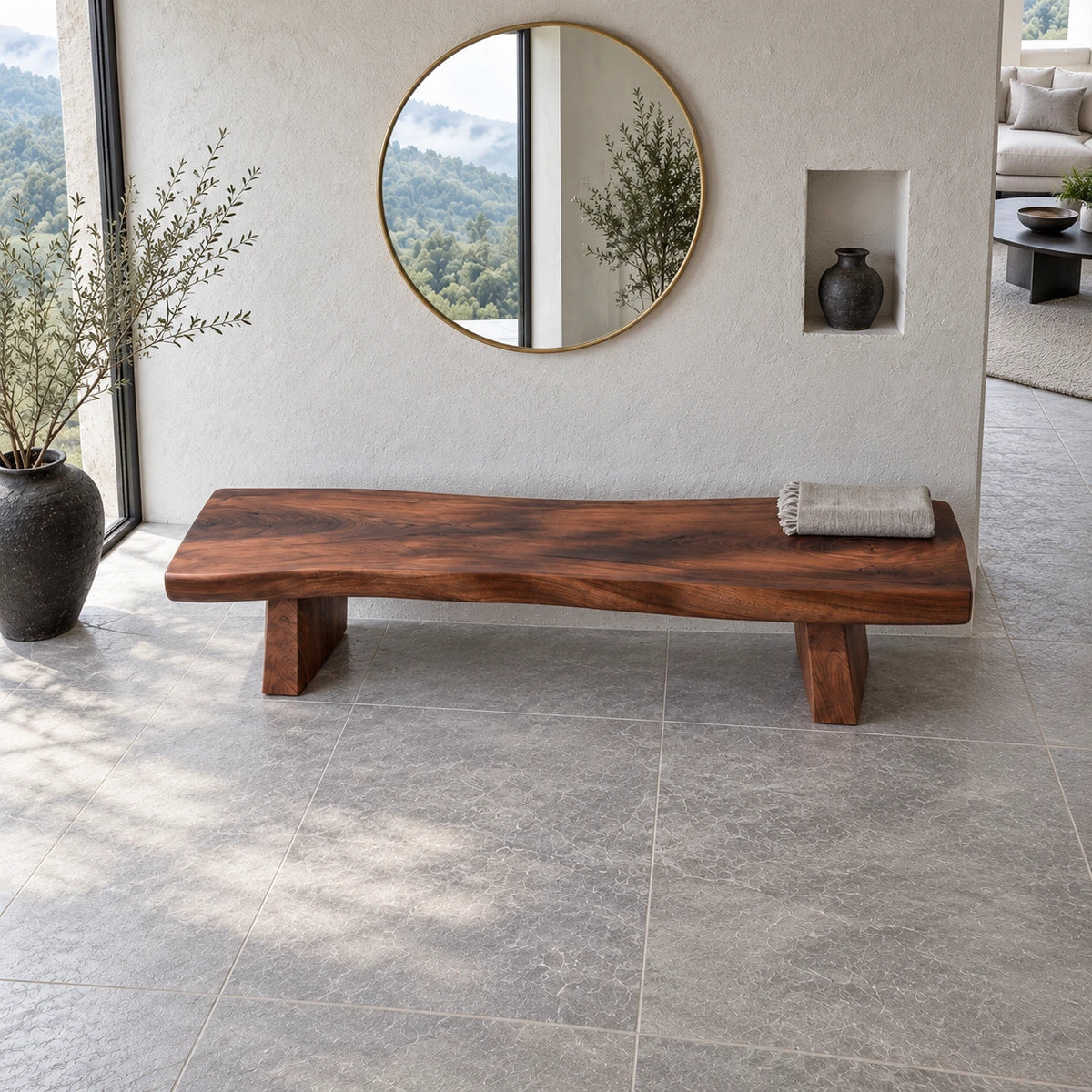 Live Edge Bench with Wavy Single-Slab Seat on Two Chunky Block Legs - Arboriswood - 5