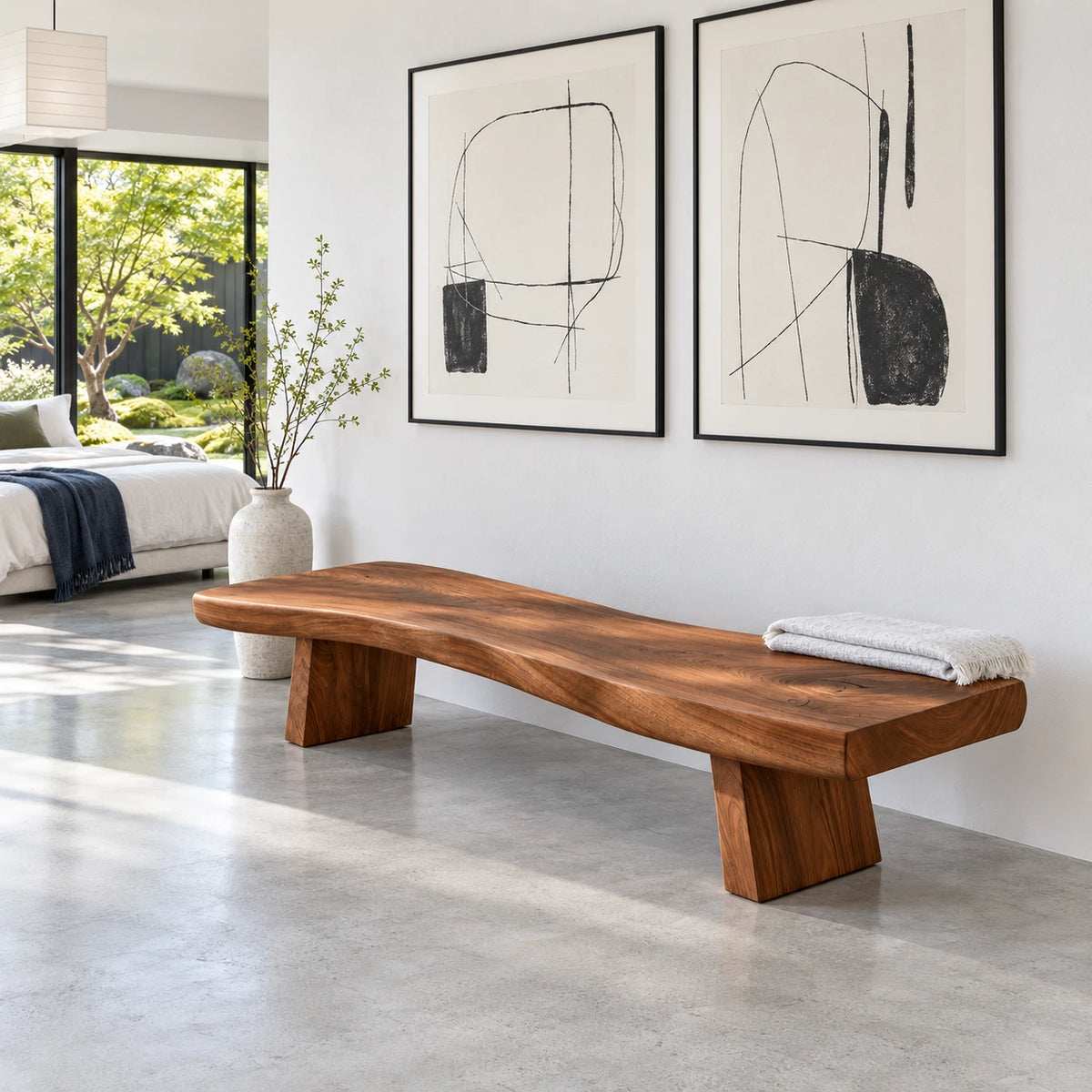 Live Edge Bench with Wavy Single-Slab Seat on Two Chunky Block Legs - Arboriswood - 9