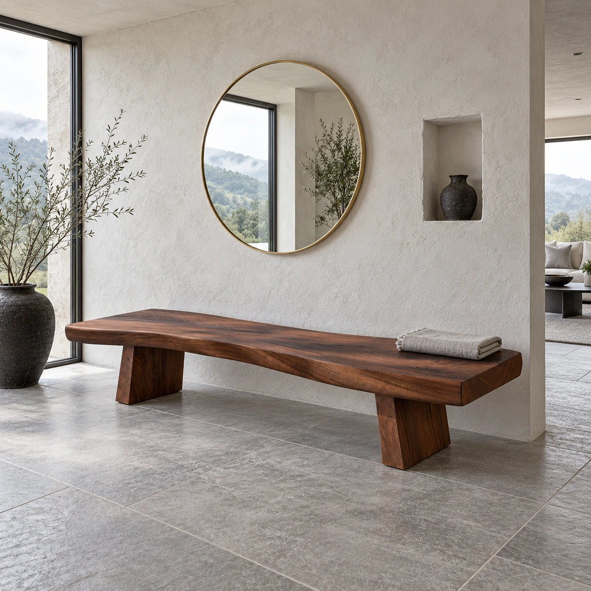 Live Edge Bench with Wavy Single-Slab Seat on Two Chunky Block Legs - Arboriswood