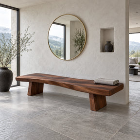 Live Edge Bench with Wavy Single-Slab Seat on Two Chunky Block Legs - Arboriswood