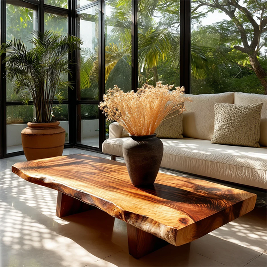 Live edge coffee table with natural wood grain design for modern sunlit living room