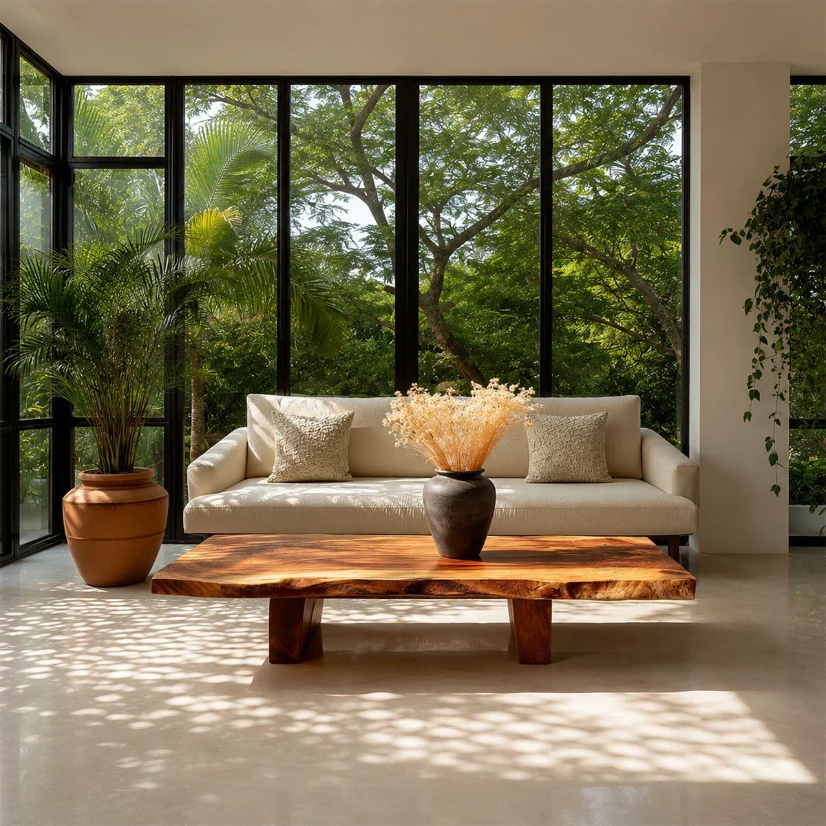 Modern living room with a wooden coffee table and beige sofa against a glass wall with greenery.