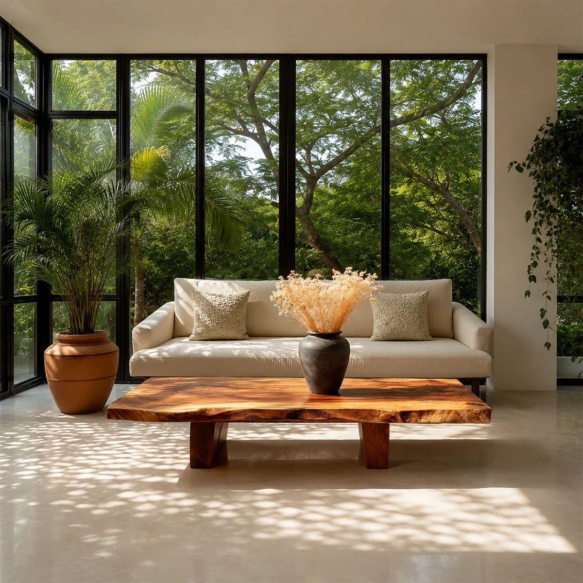 Modern living room with a wooden coffee table and beige sofa against a glass wall with greenery.