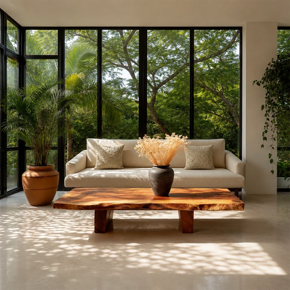 Modern living room with a wooden coffee table and beige sofa against a glass wall with greenery.