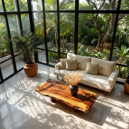 Sculptural coffee table with organic live edge design for stylish living room décor
