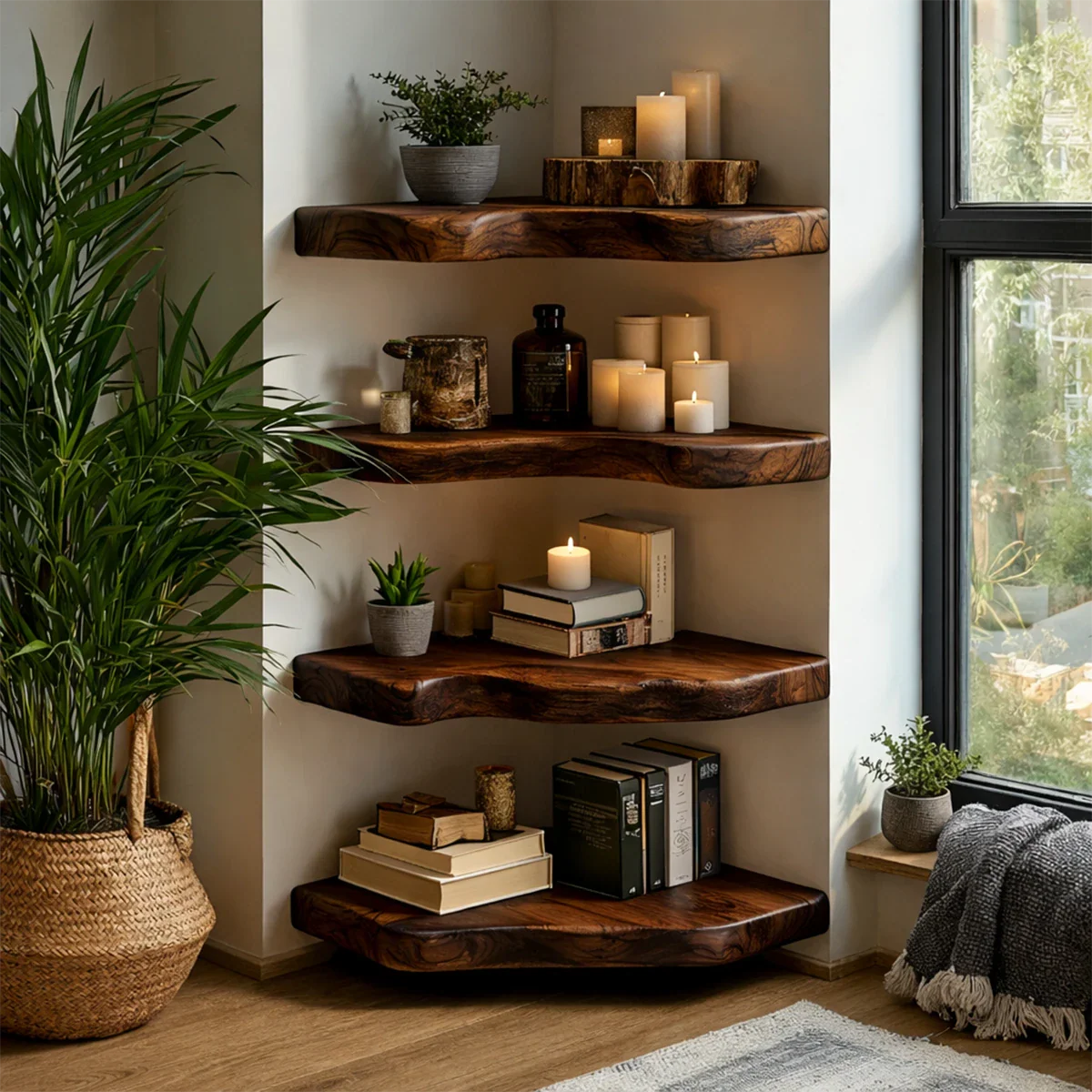 Live Edge Corner Floating Shelves Natural Solid Wood Rustic Wall Shelf - ArborisWood - 6