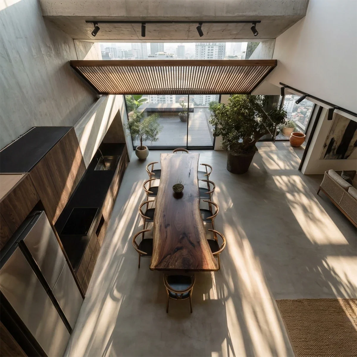 Contemporary solid wood dining table with organic edges, elegant modern interior with natural light