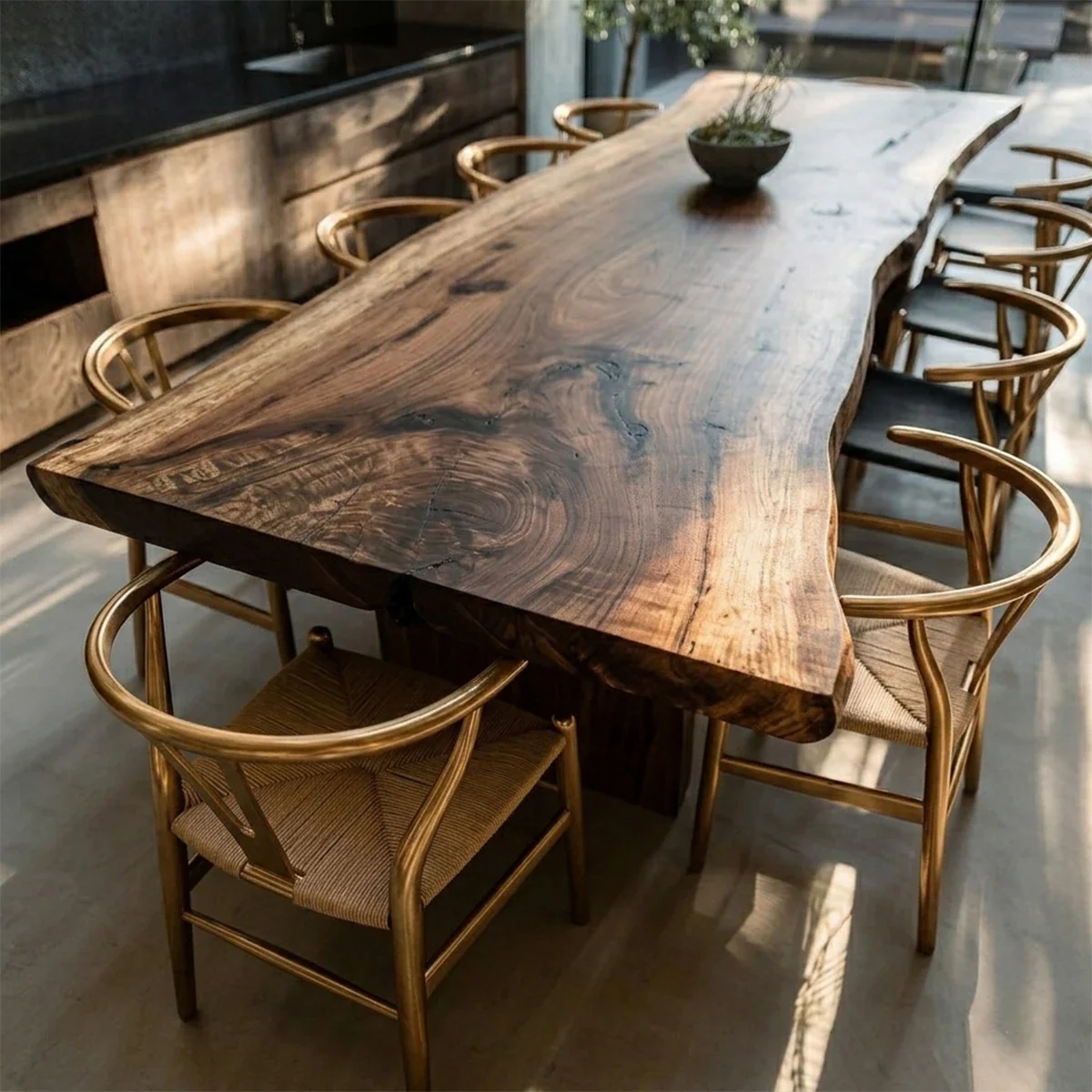 Modern handcrafted dining table with rich wood texture, perfect for minimalist dining room design