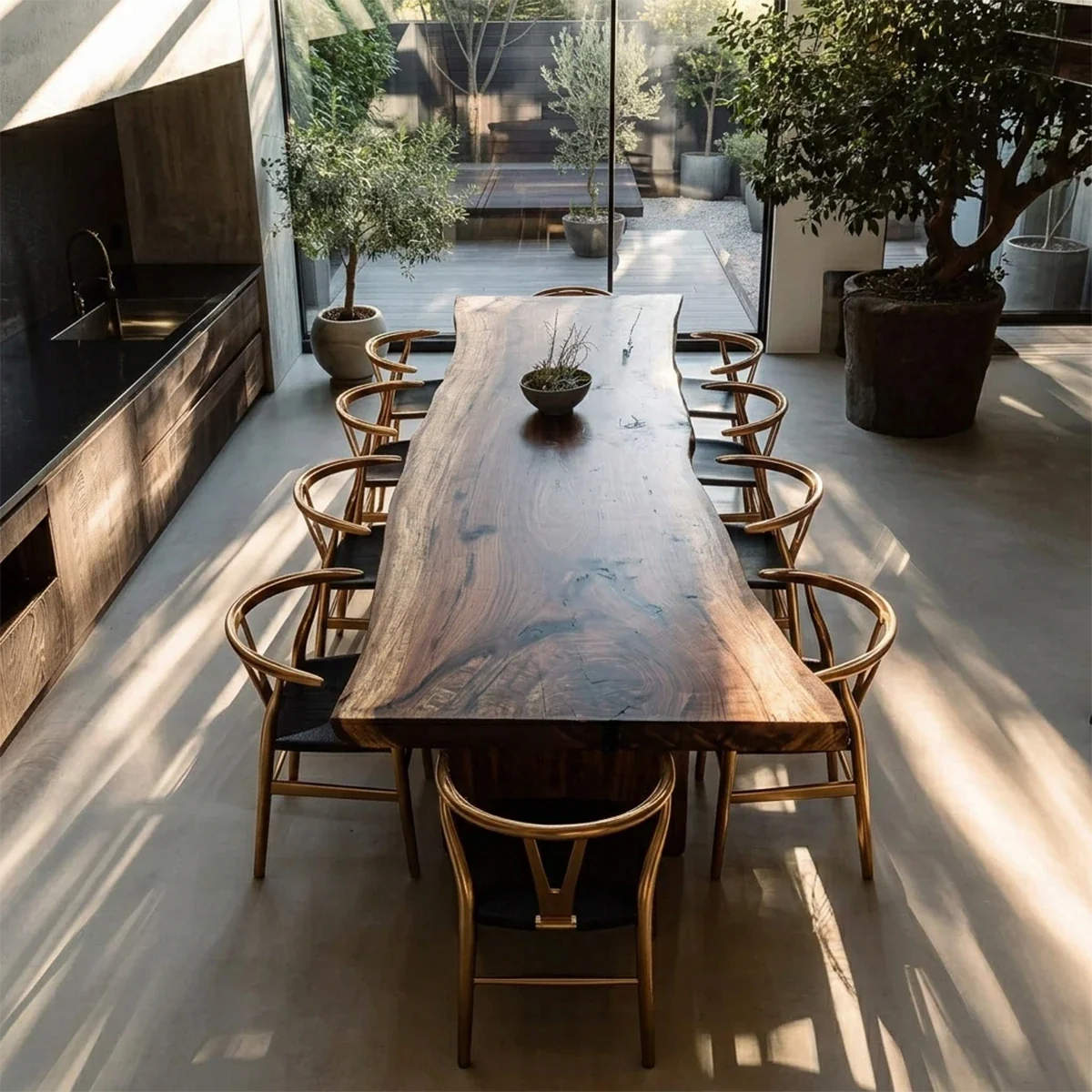 Luxury dining table with dark wood slab top, ideal for modern open concept interior setting