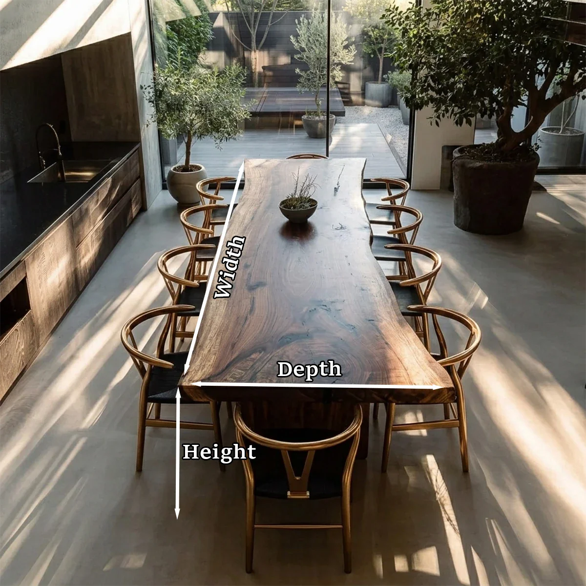 Custom dining table with natural slab surface, perfect for modern dining space with clean layout