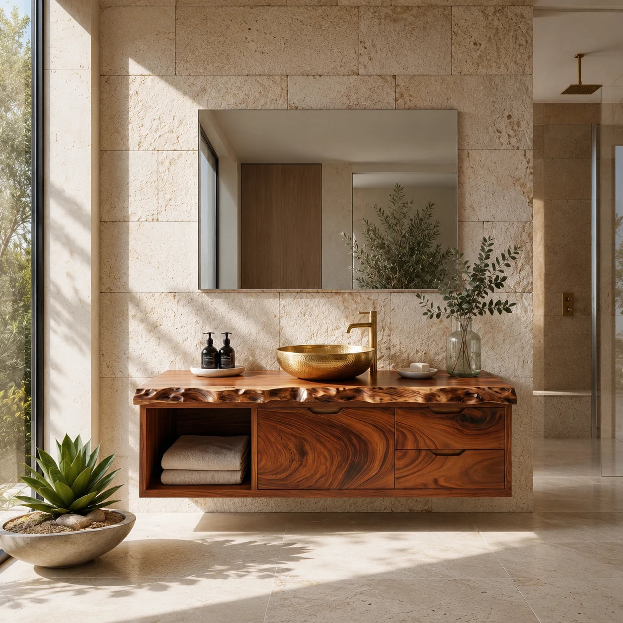 Live Edge Floating Bathroom Vanity Featuring Three Drawers and Open Shelves - ArborisWood - 10