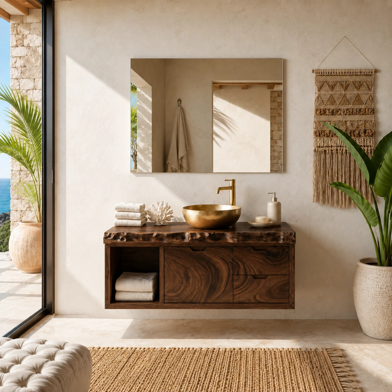 Live Edge Floating Bathroom Vanity Featuring Three Drawers and Open Shelves - ArborisWood - 12