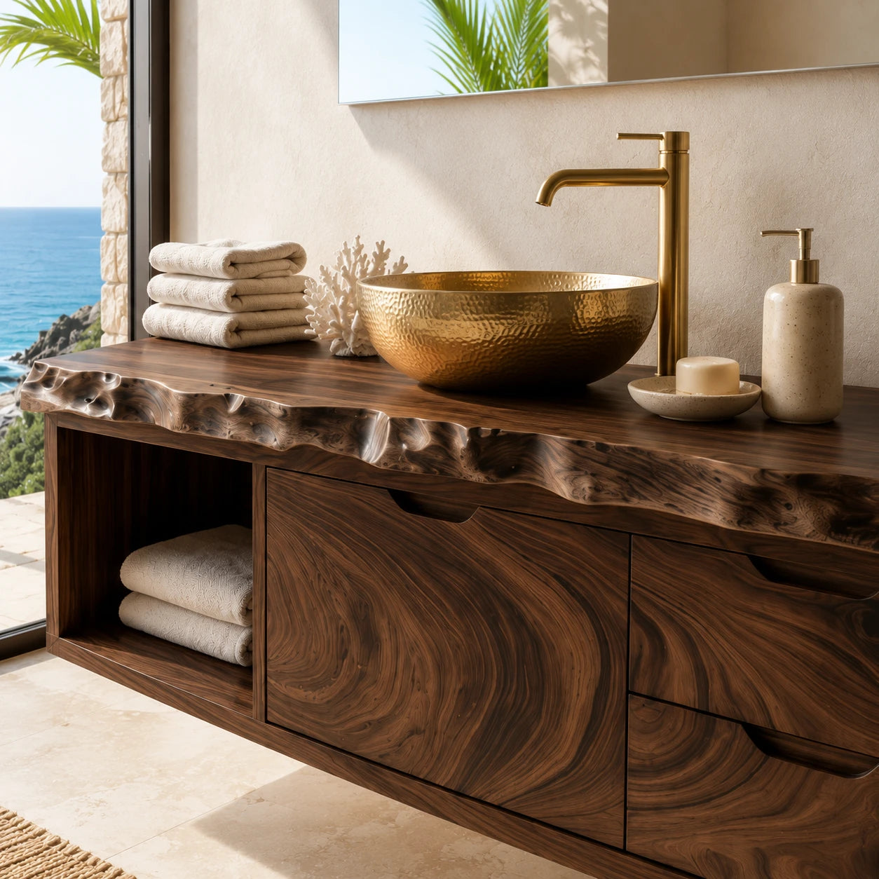 Live Edge Floating Bathroom Vanity Featuring Three Drawers and Open Shelves - ArborisWood - 4