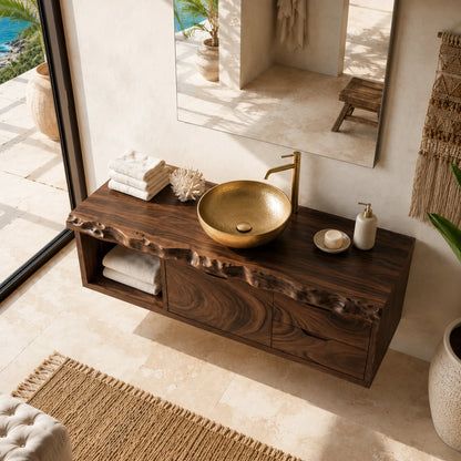 Live Edge Floating Bathroom Vanity Featuring Three Drawers and Open Shelves - ArborisWood - 5