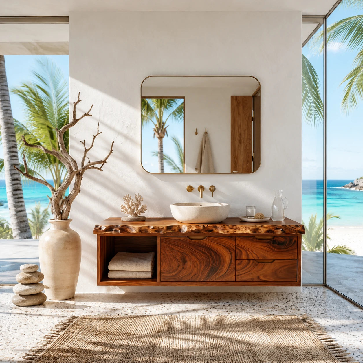 Live Edge Floating Bathroom Vanity Featuring Three Drawers and Open Shelves - ArborisWood - 7