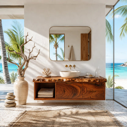 Live Edge Floating Bathroom Vanity Featuring Three Drawers and Open Shelves - ArborisWood - 7