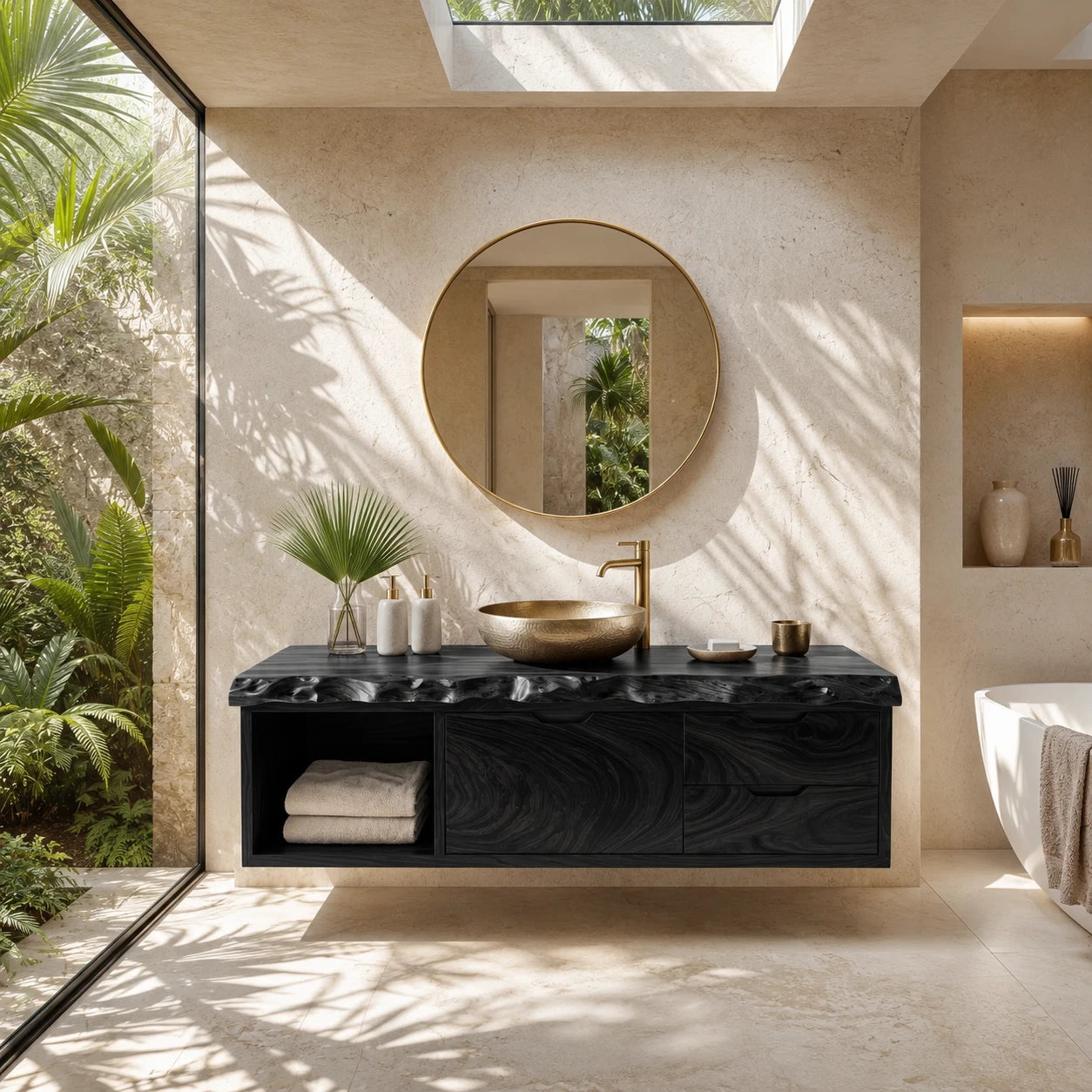 Live Edge Floating Bathroom Vanity Featuring Three Drawers and Open Shelves - ArborisWood - 9