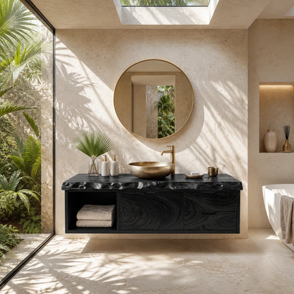 Live Edge Floating Bathroom Vanity Featuring Three Drawers and Open Shelves - ArborisWood - 9