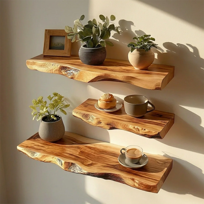 Decorative floating shelf designed with organic slab surface and polished oak tone finish