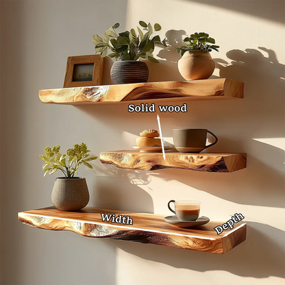 Elegant wall mounted floating shelf designed with live edge detail and refined oak tone finish