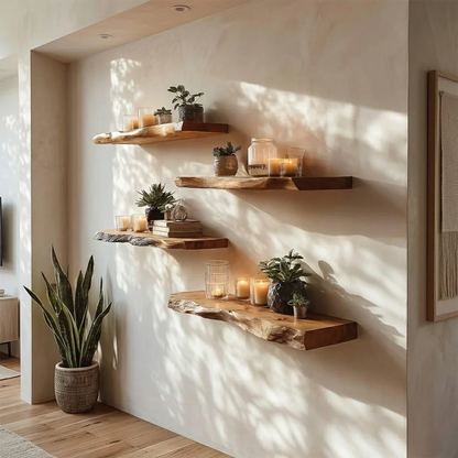 Modern wall floating shelves designed with organic slab edges and refined oak tone finish storage