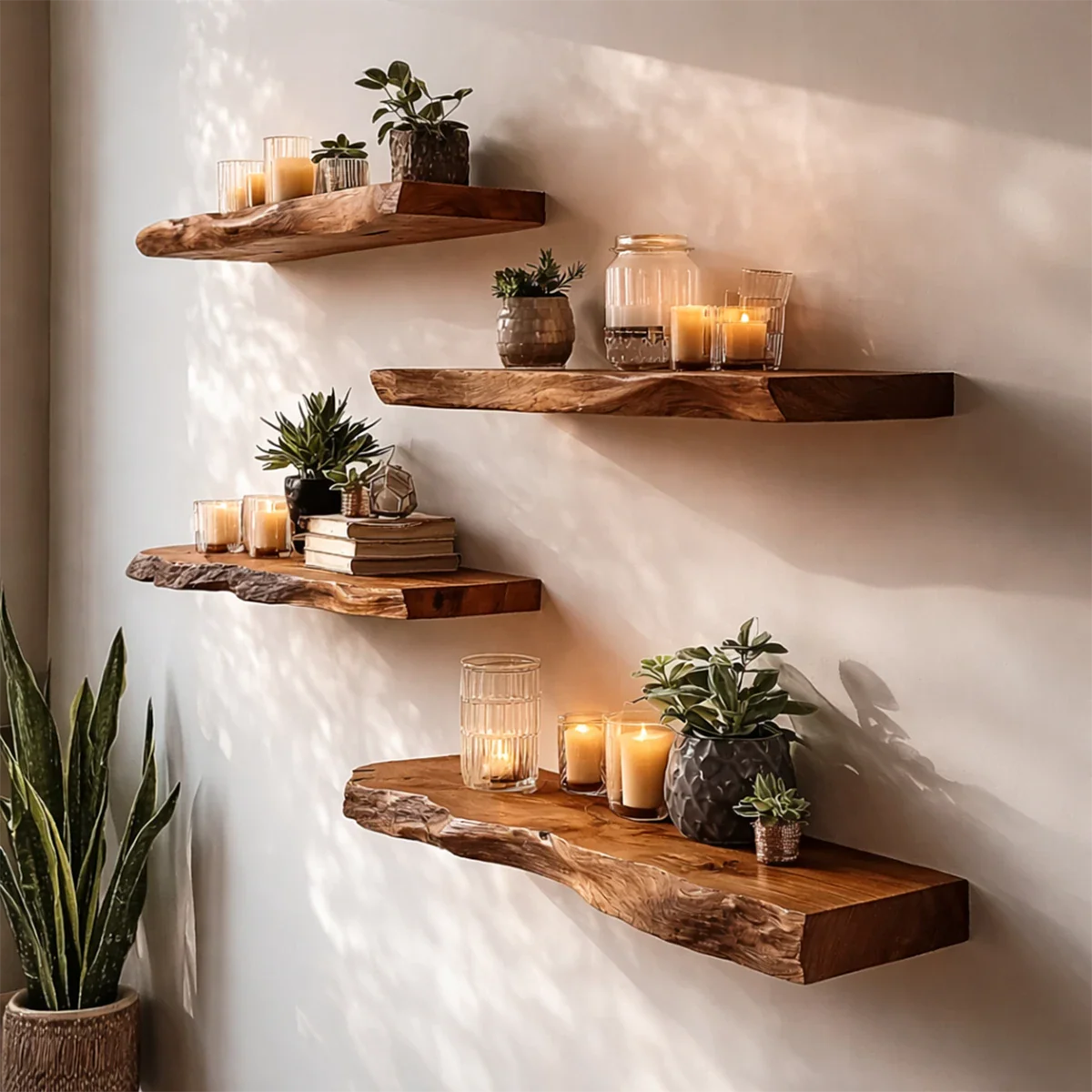 Functional wall display shelves showcasing organic slab character and refined walnut tone finish