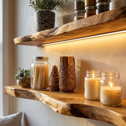 Decorative floating shelves designed with sculpted slab edges and polished oak tone finish
