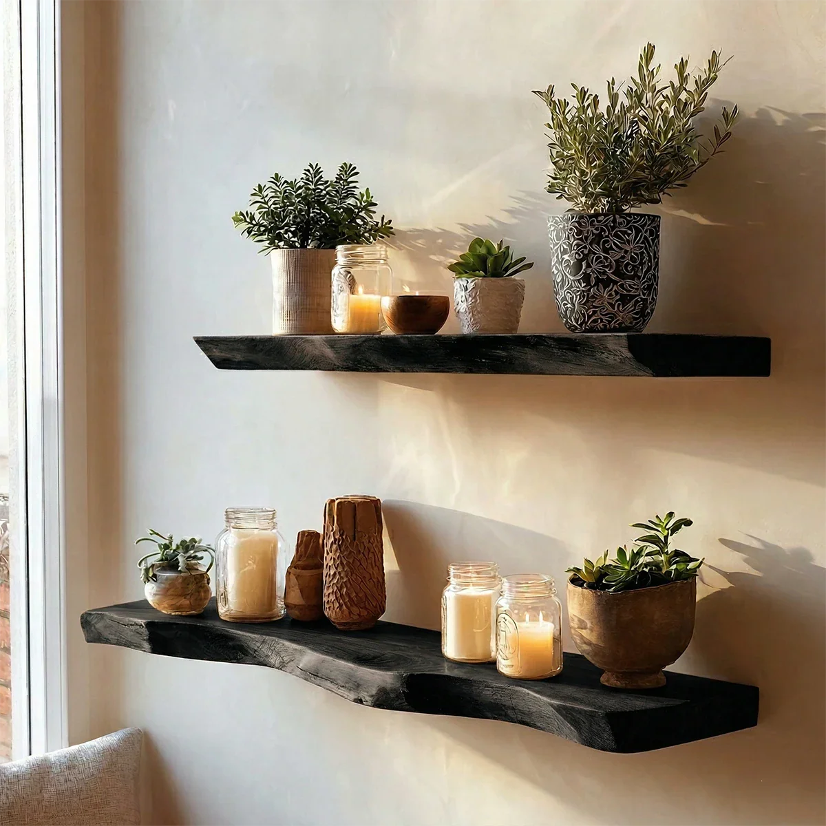 Elegant floating wall shelves designed with handcrafted slab styling and refined black tone finish