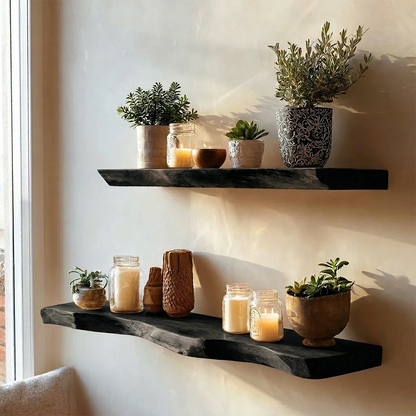 Elegant floating wall shelves designed with handcrafted slab styling and refined black tone finish