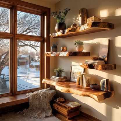 Floating corner shelves featuring natural live edge detail and warm brown tone finish wall display