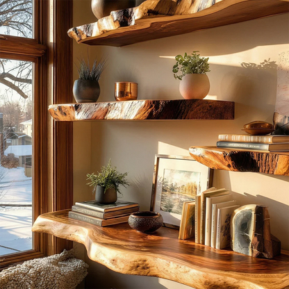 Contemporary corner wall shelves showcasing handcrafted slab edges and rich brown tone finish