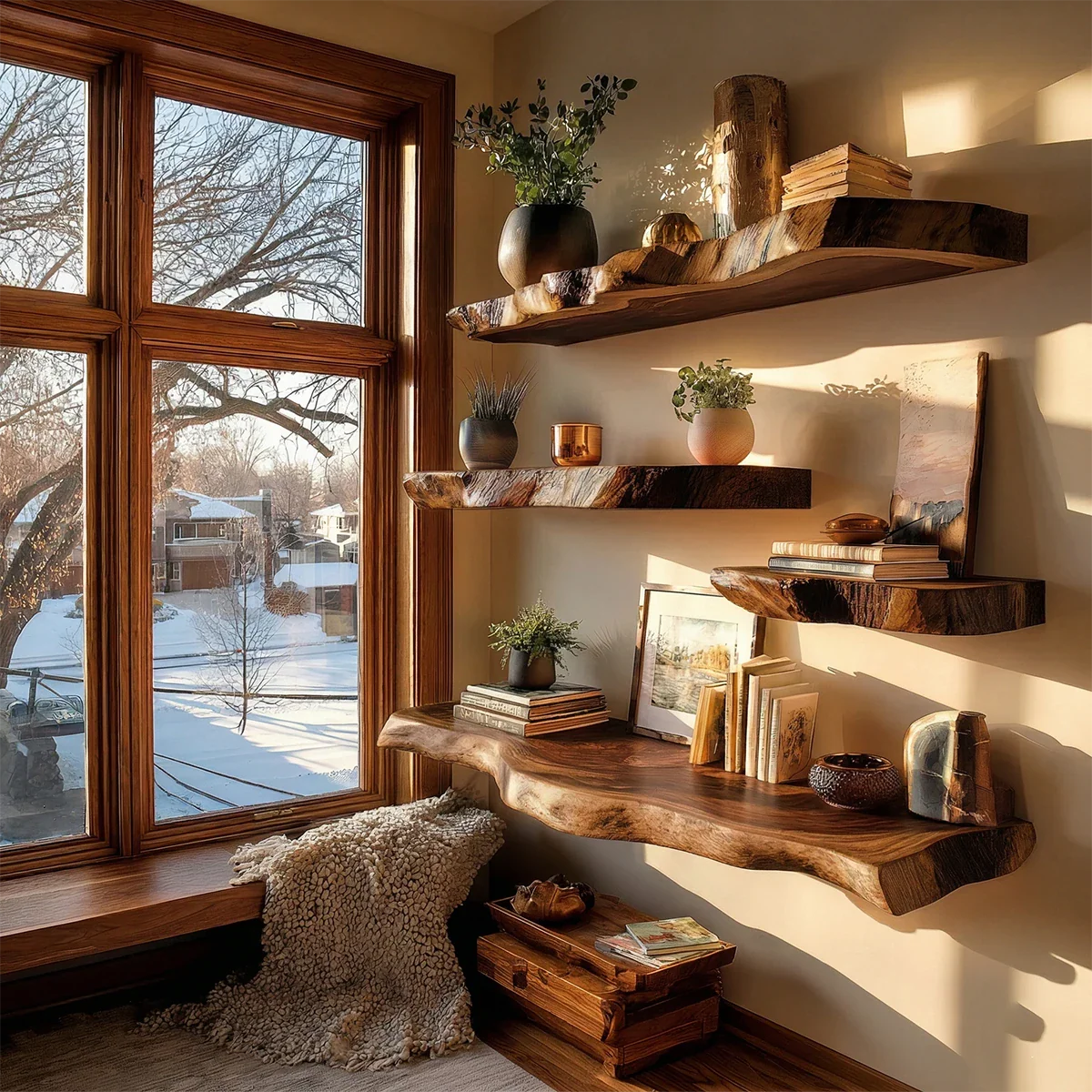 Decorative floating corner shelves designed with flowing slab contour and warm brown tone finish