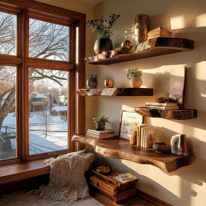 Decorative floating corner shelves designed with flowing slab contour and warm brown tone finish