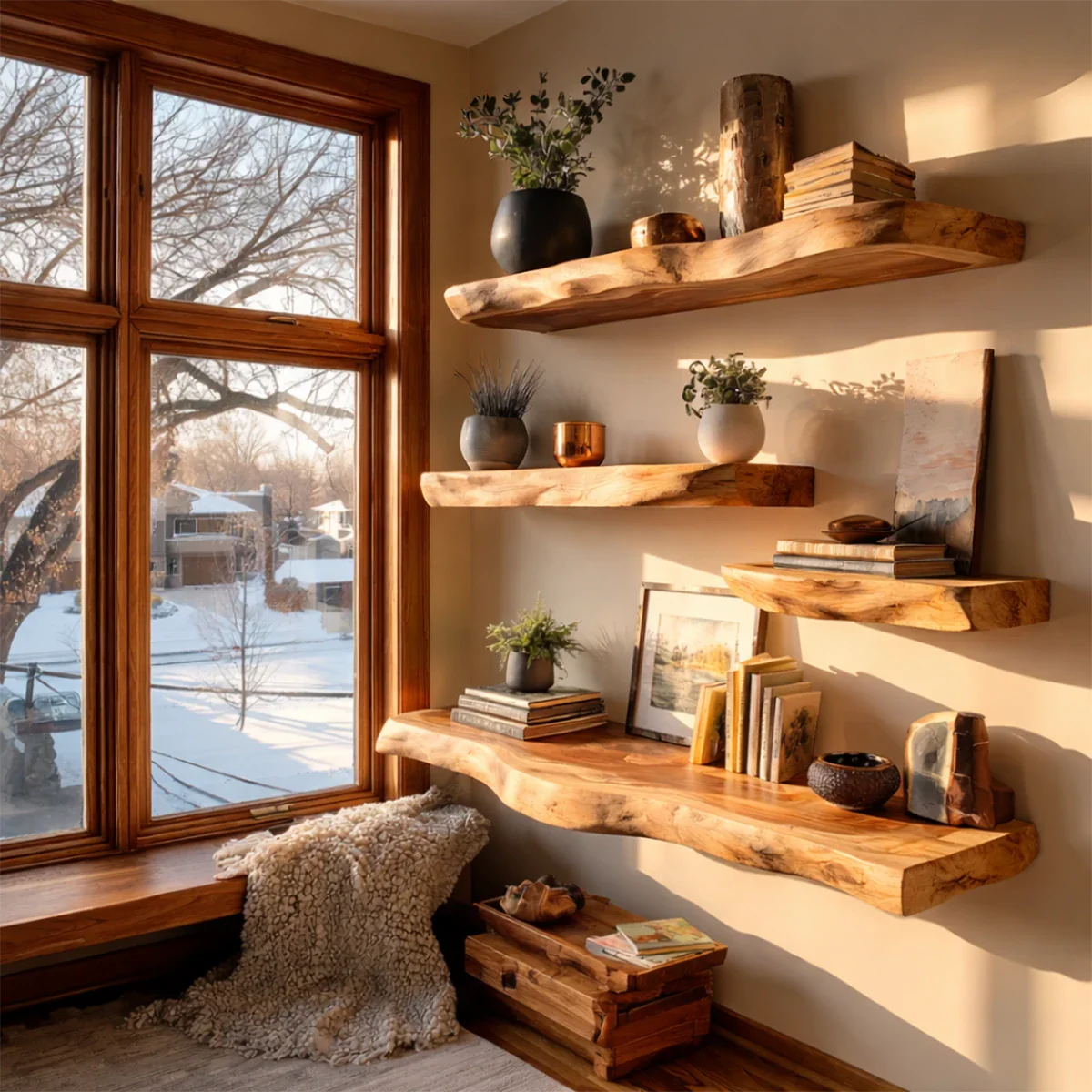 Functional wall mounted shelves showcasing organic slab movement and balanced brown tone finish