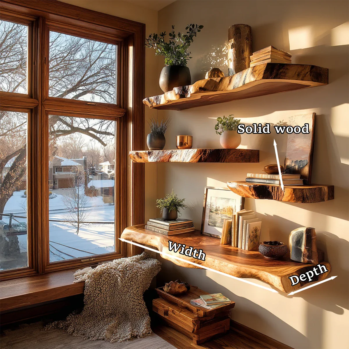 Japandi style corner floating shelves featuring organic slab silhouette and brown tone finish