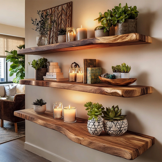 Floating wall shelves featuring natural live edge detail and rich walnut tone finish display