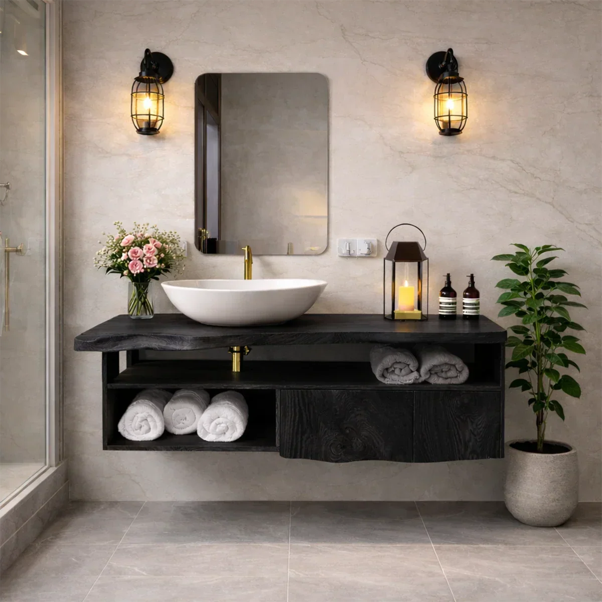 Live Edge Natural Solid Wood Floating Bathroom Vanity With Open Shelf Storage - Arboriswood - 10