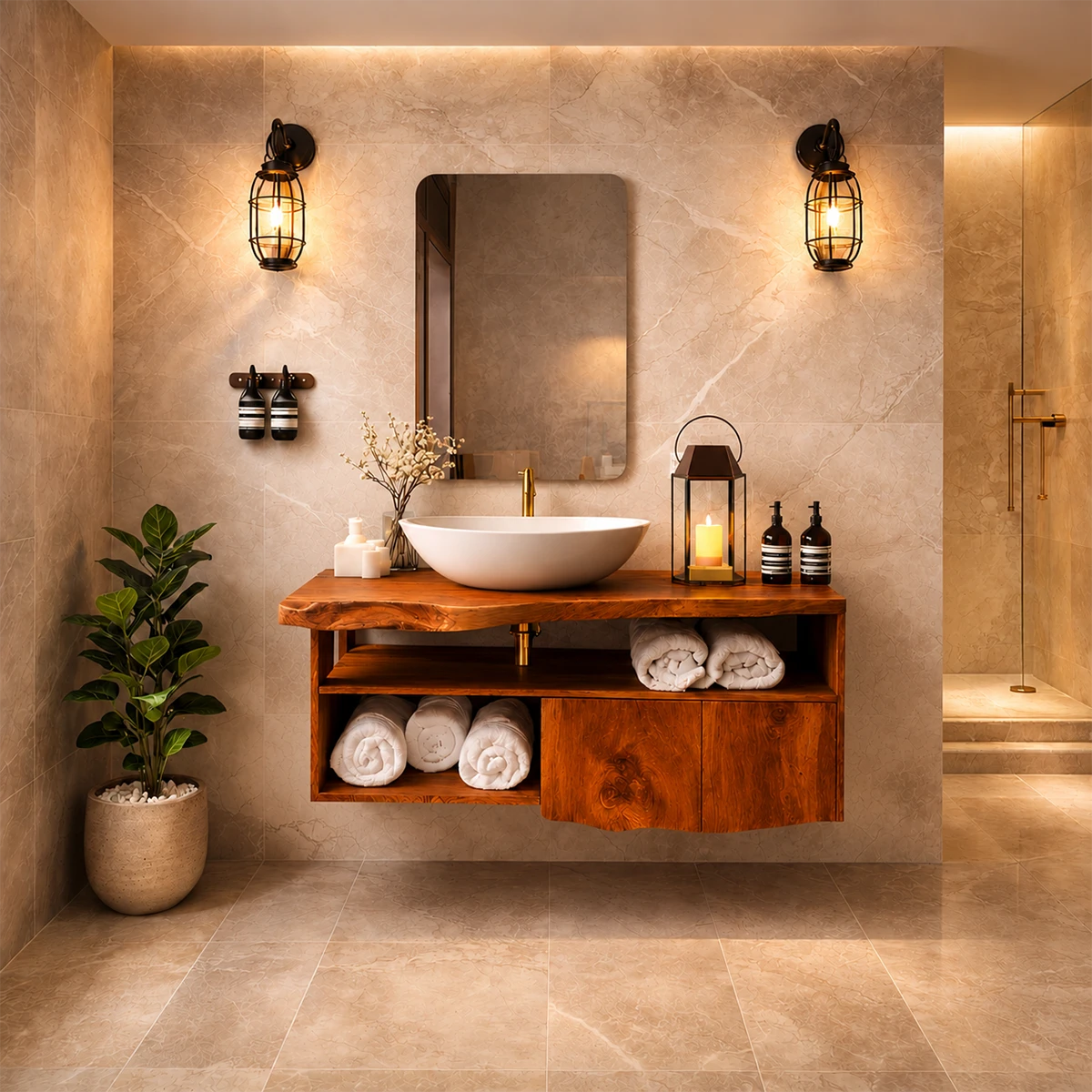 Live Edge Natural Solid Wood Floating Bathroom Vanity With Open Shelf Storage - ArborisWood - 13