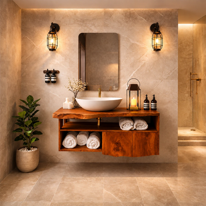 Live Edge Natural Solid Wood Floating Bathroom Vanity With Open Shelf Storage - ArborisWood - 13