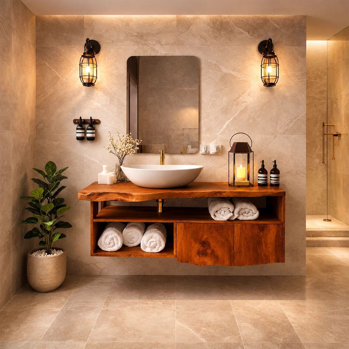 Live Edge Natural Solid Wood Floating Bathroom Vanity With Open Shelf Storage - ArborisWood - 14