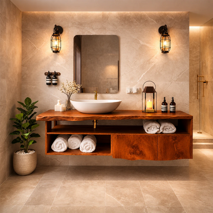 Live Edge Natural Solid Wood Floating Bathroom Vanity With Open Shelf Storage - ArborisWood - 16