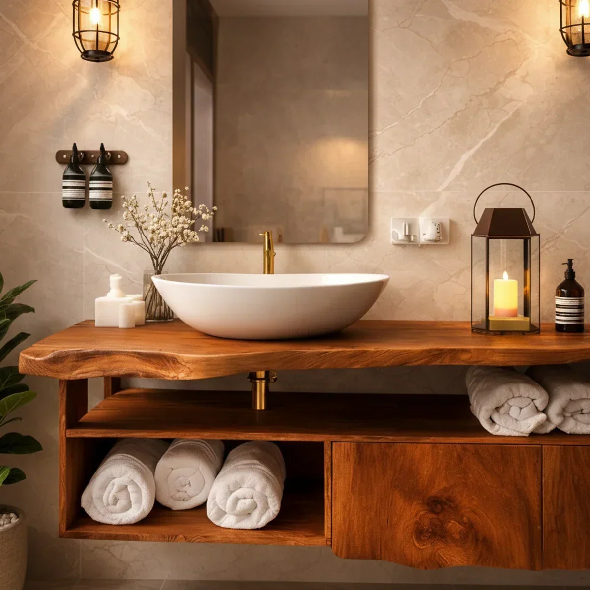 Live Edge Natural Solid Wood Floating Bathroom Vanity With Open Shelf Storage - Arboriswood - 4