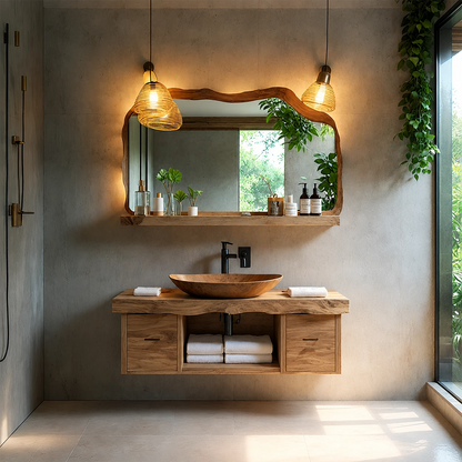 Live Edge Natural Solid Wood Floating Vanity With Wood Vessel Sink - ArborisWood - 13