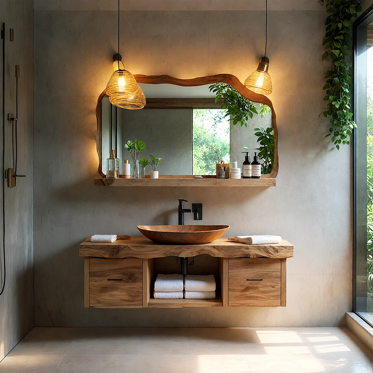 Live Edge Natural Solid Wood Floating Vanity With Wood Vessel Sink - ArborisWood - 14