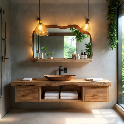 Live Edge Natural Solid Wood Floating Vanity With Wood Vessel Sink - ArborisWood - 15