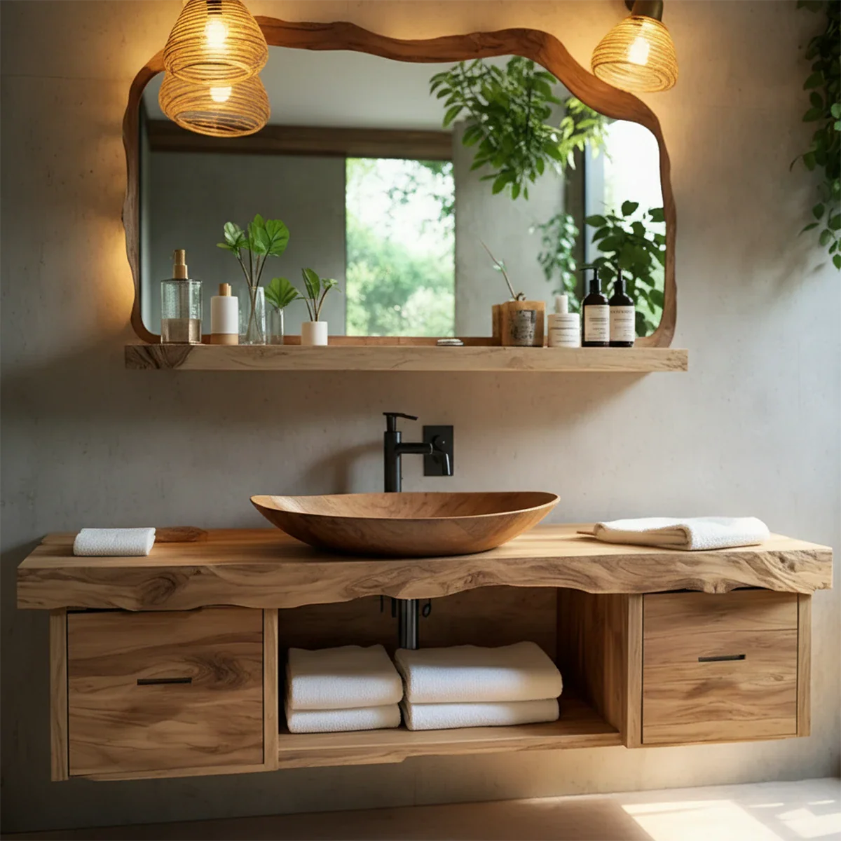 Live Edge Natural Solid Wood Floating Vanity With Wood Vessel Sink - ArborisWood - 4