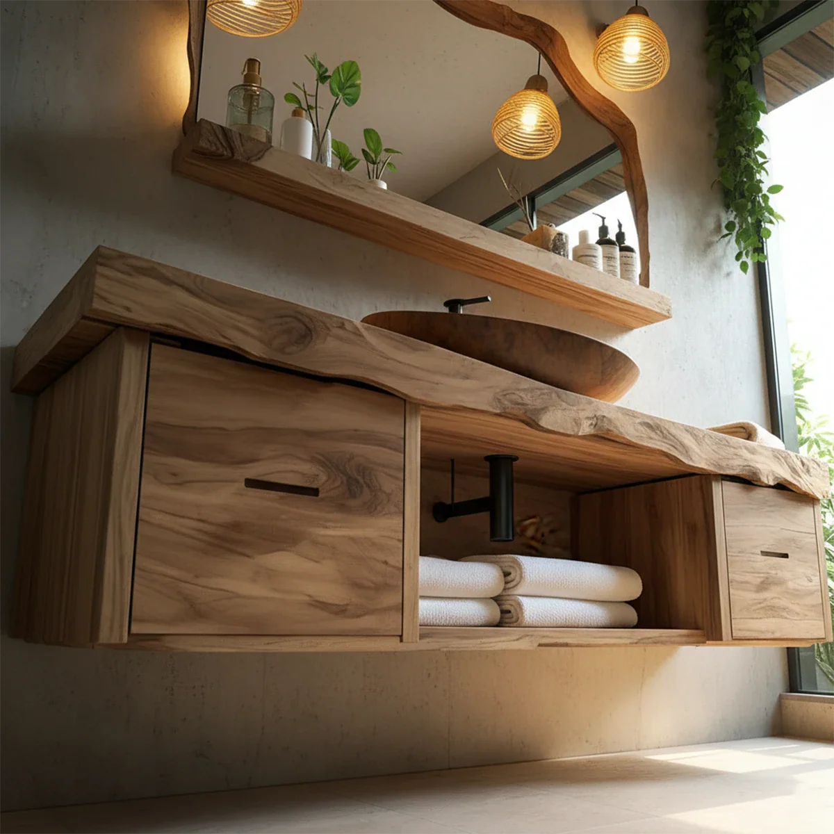 Live Edge Natural Solid Wood Floating Vanity With Wood Vessel Sink - ArborisWood - 5